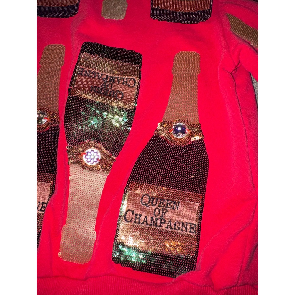 QUEEN OF SPARKLES Red and Gold Champagne Bottle Sequin Sweatshirt - Picture 3 of 6
